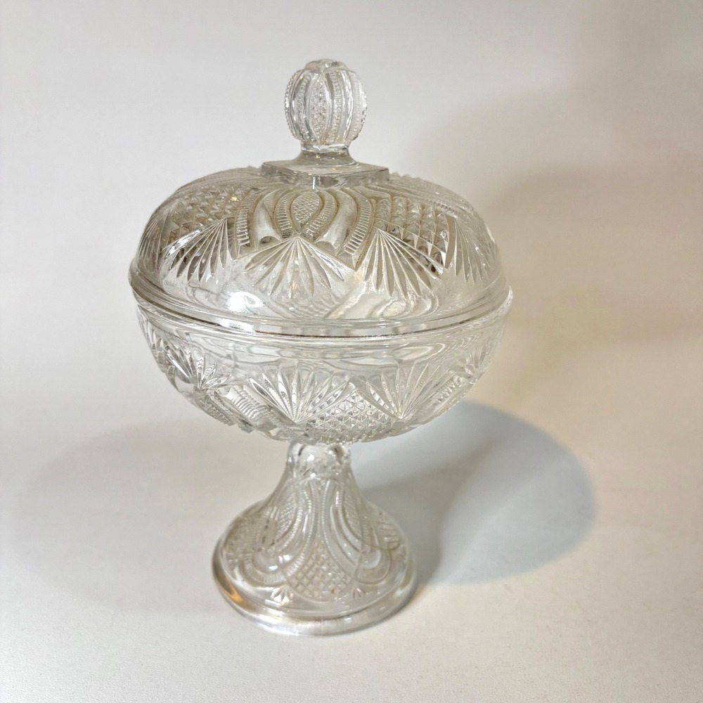 Vintage Pressed Glass Candy Dish with Lid Footed Compote Diamond Fan Pattern